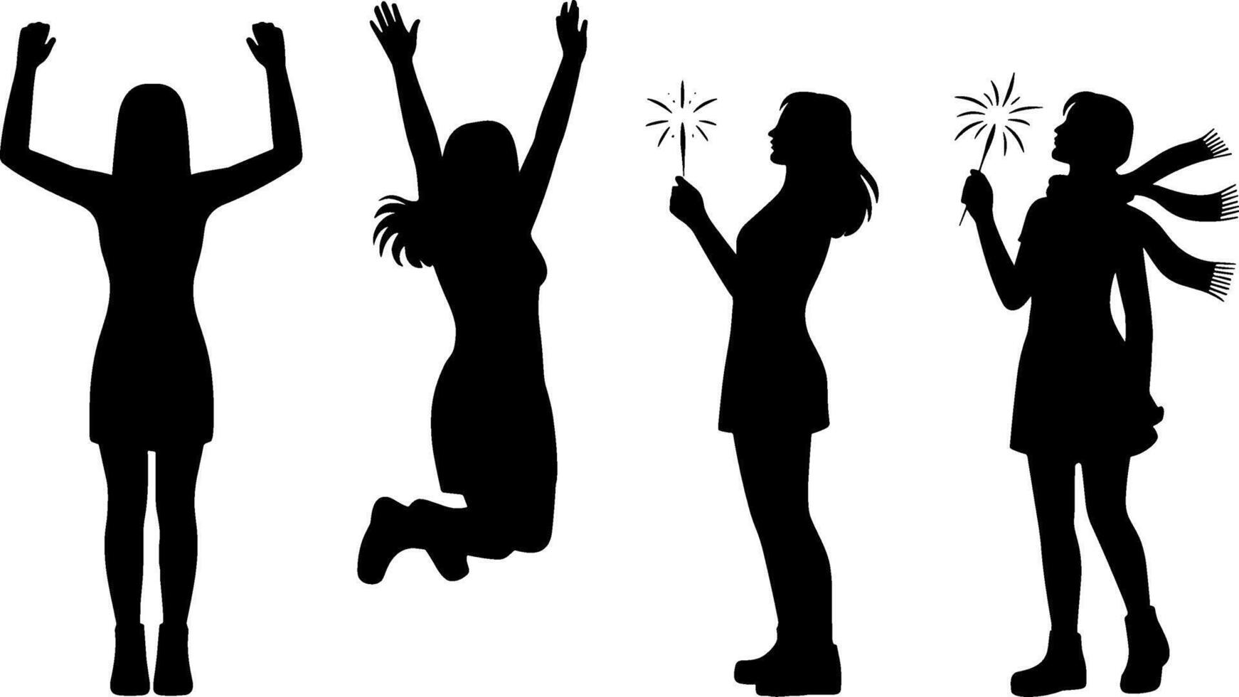 Silhouette Woman Jumping Celebrating Holding Sparkler Winter Scene vector