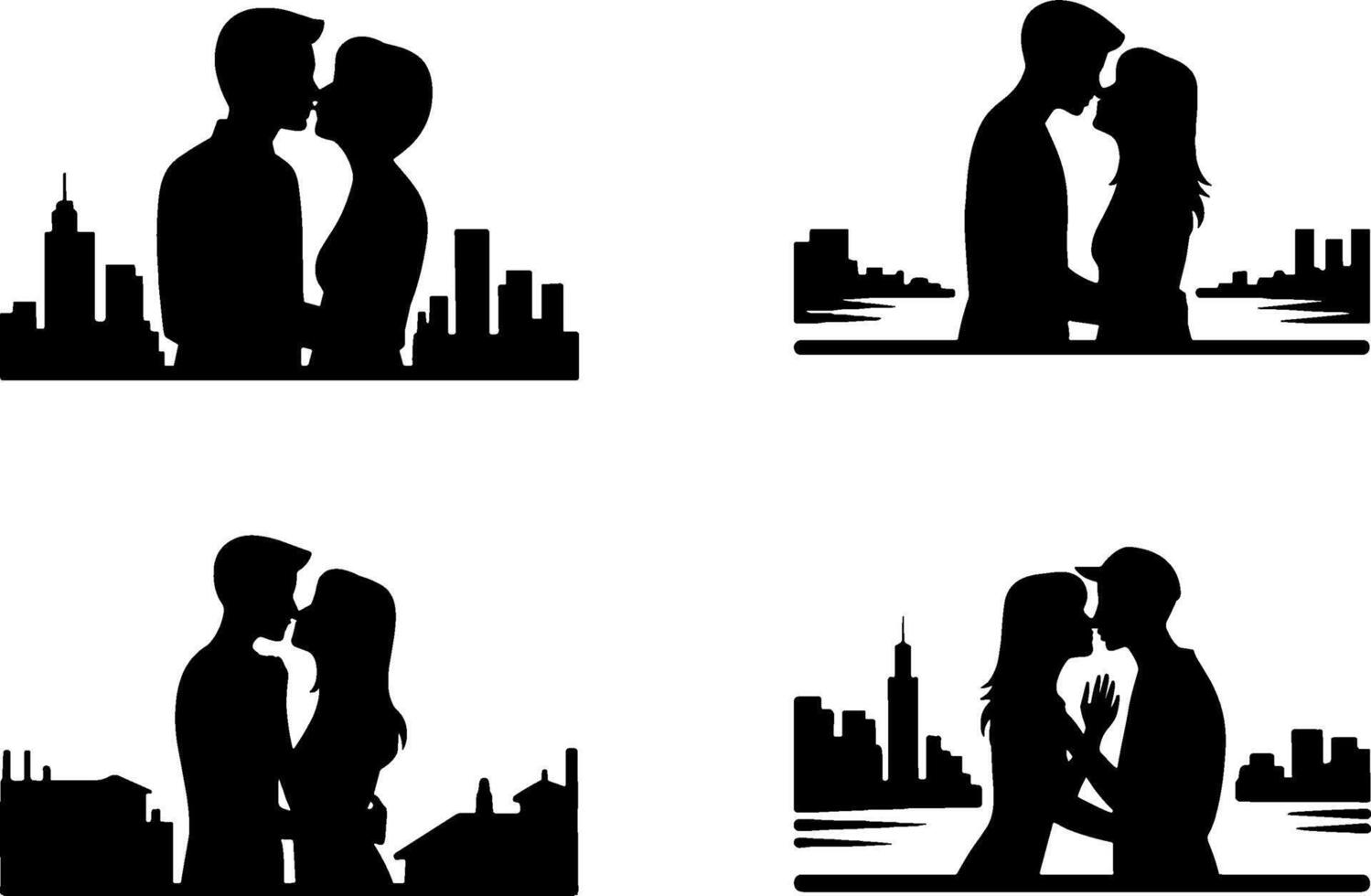 Silhouette Couple Kissing With Cityscape Romantic Love Symbol vector