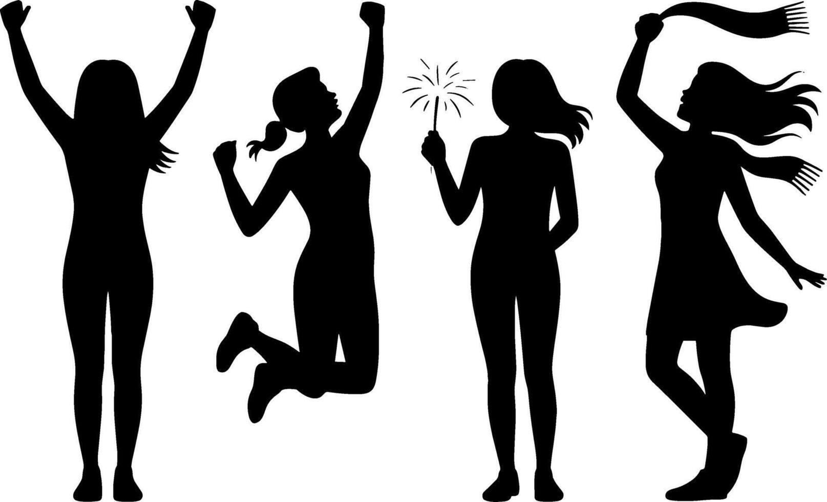 Happy Woman Silhouettes Celebrating Jumping Holding Sparkler Dancing Scarf vector