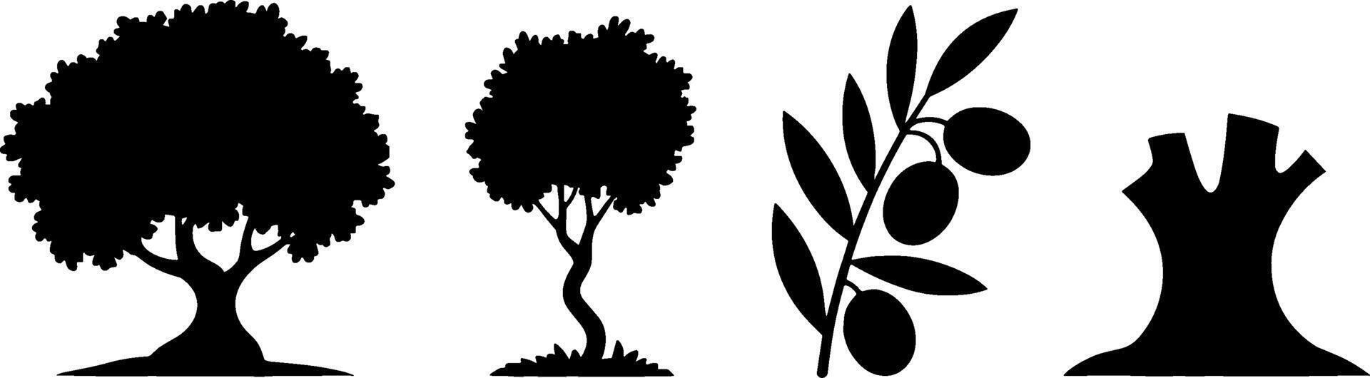 Olive Tree Silhouettes Set Branch Fruit Harvests vector