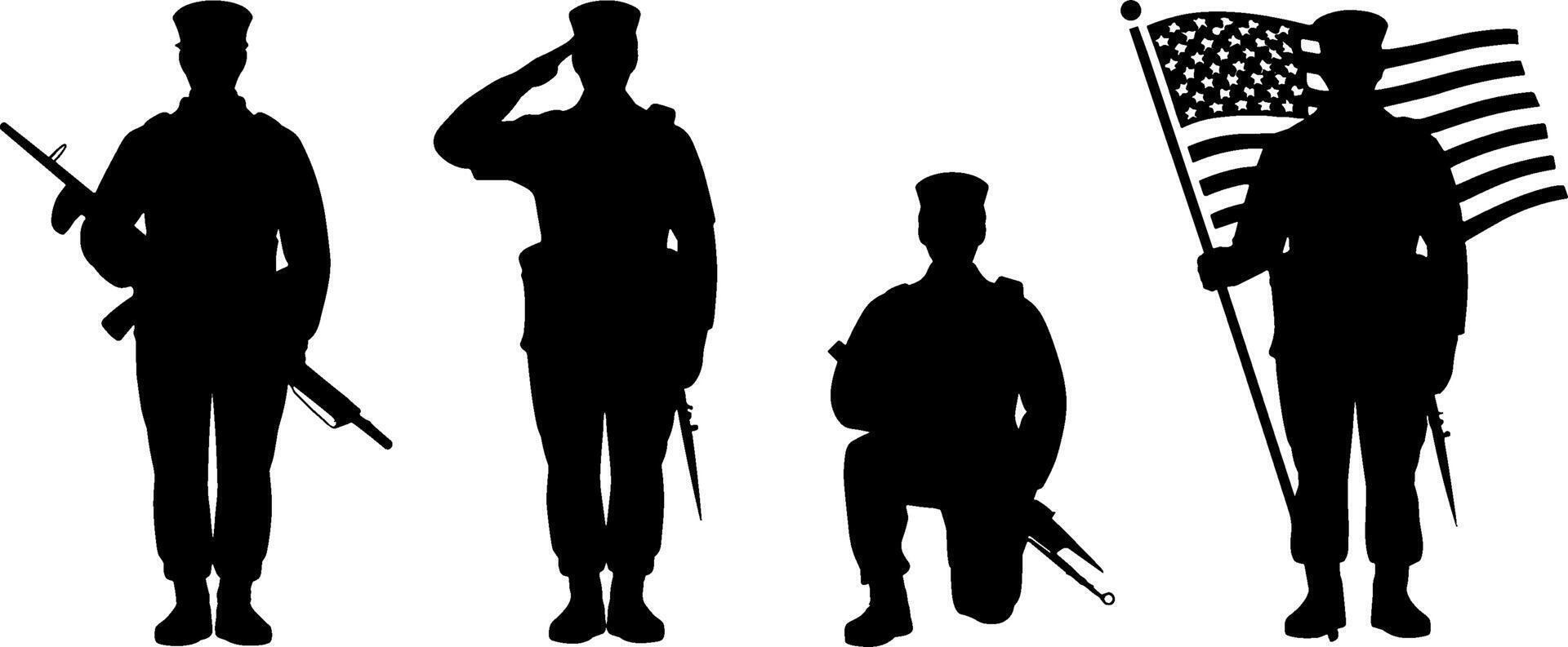 American Soldier Silhouettes Armed Saluting Holding Flag vector