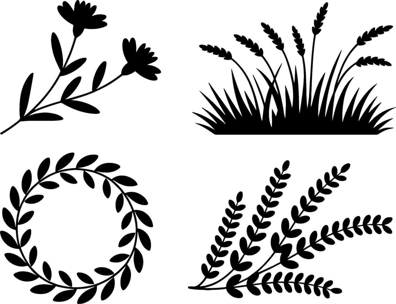 Floral Leaf Wreath Wild Grass Lavender Branch Silhouette Set vector