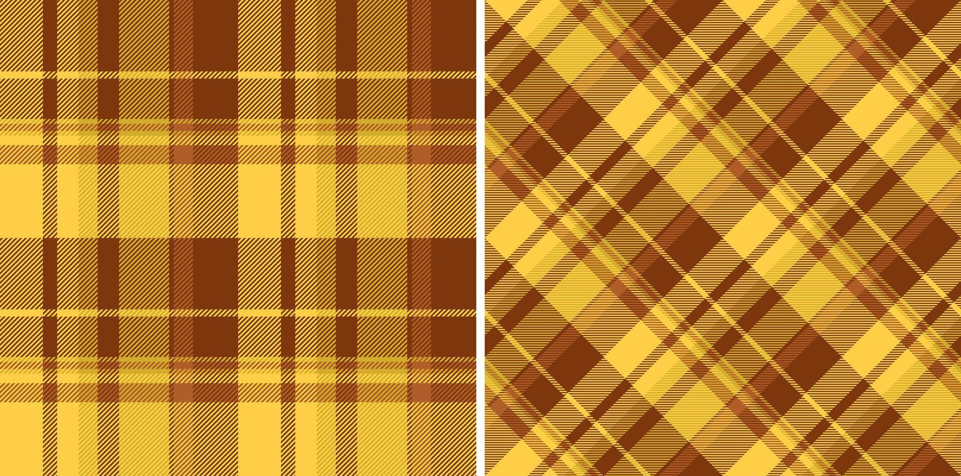 Two seamless autumnal plaid patterns in warm gold and brown tones. Perfect for textile design, fallthemed projects, or creating cozy backgrounds. vector