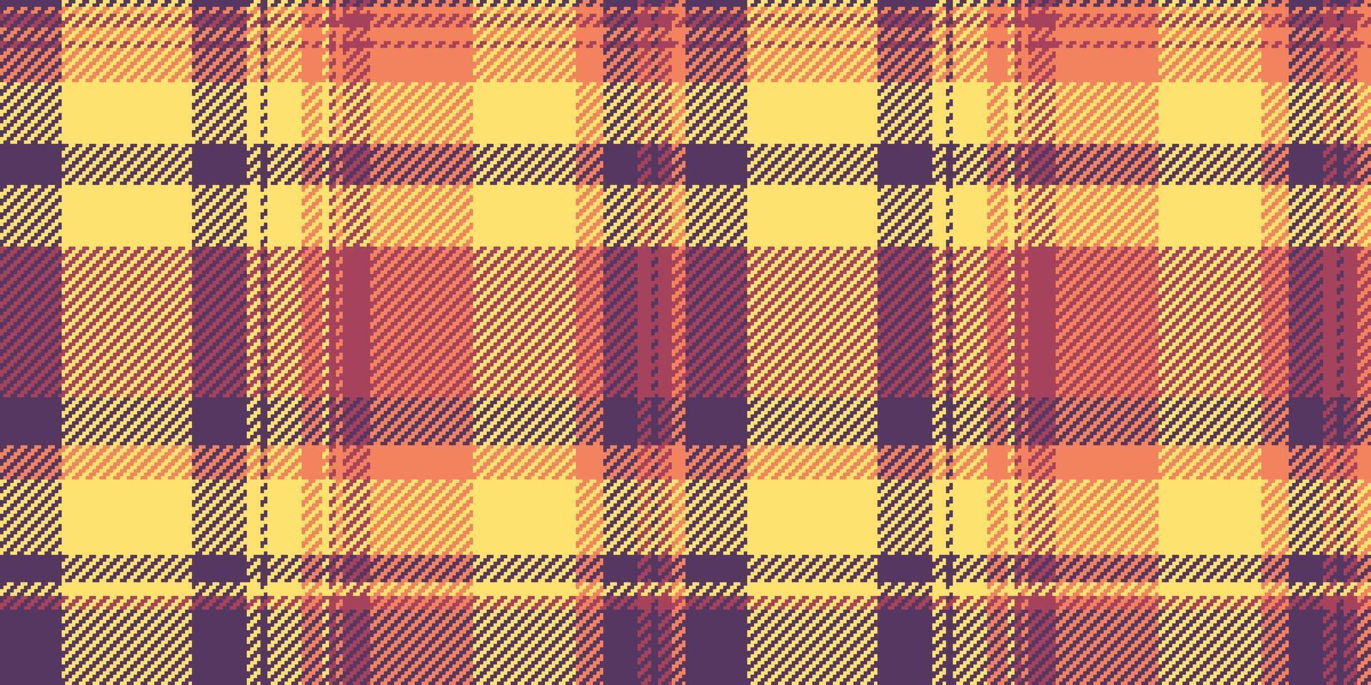 Vibrant autumnal plaid pattern in warm yellow, orange, and purple hues. Perfect for fallthemed designs, website backgrounds, textile prints, or seasonal marketing materials. vector