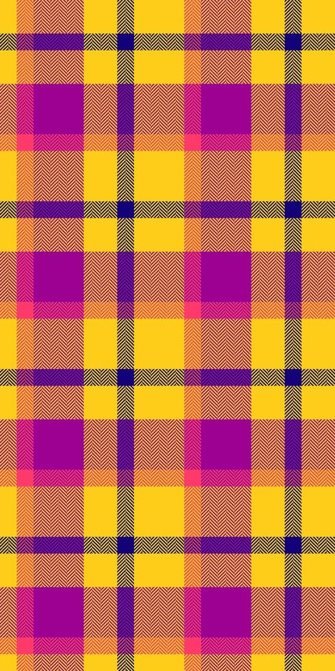 Vibrant yellow, purple, and orange plaid pattern. Perfect for textile designs, website backgrounds, or fashion projects. This bold, energetic design conveys a sense of fun and optimism. vector