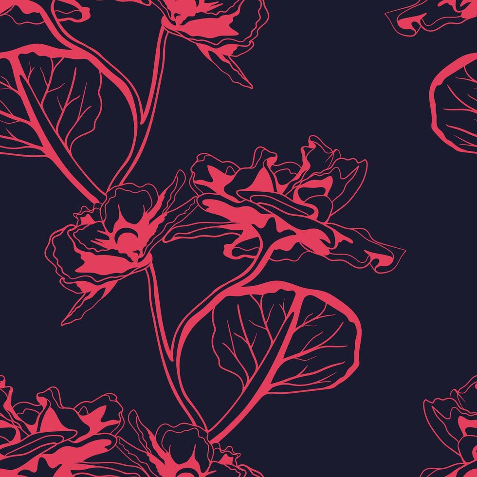 Elegant coral flowers on a deep navy blue background form a seamless pattern. vector