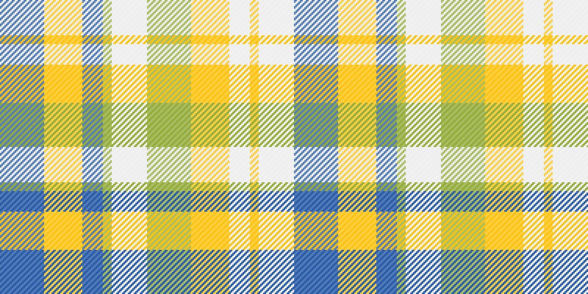 Vibrant yellow, green, and blue plaid pattern. Perfect for textile design, website backgrounds, or fashion projects. This cheerful, seamless texture evokes feelings of freshness and optimism. vector