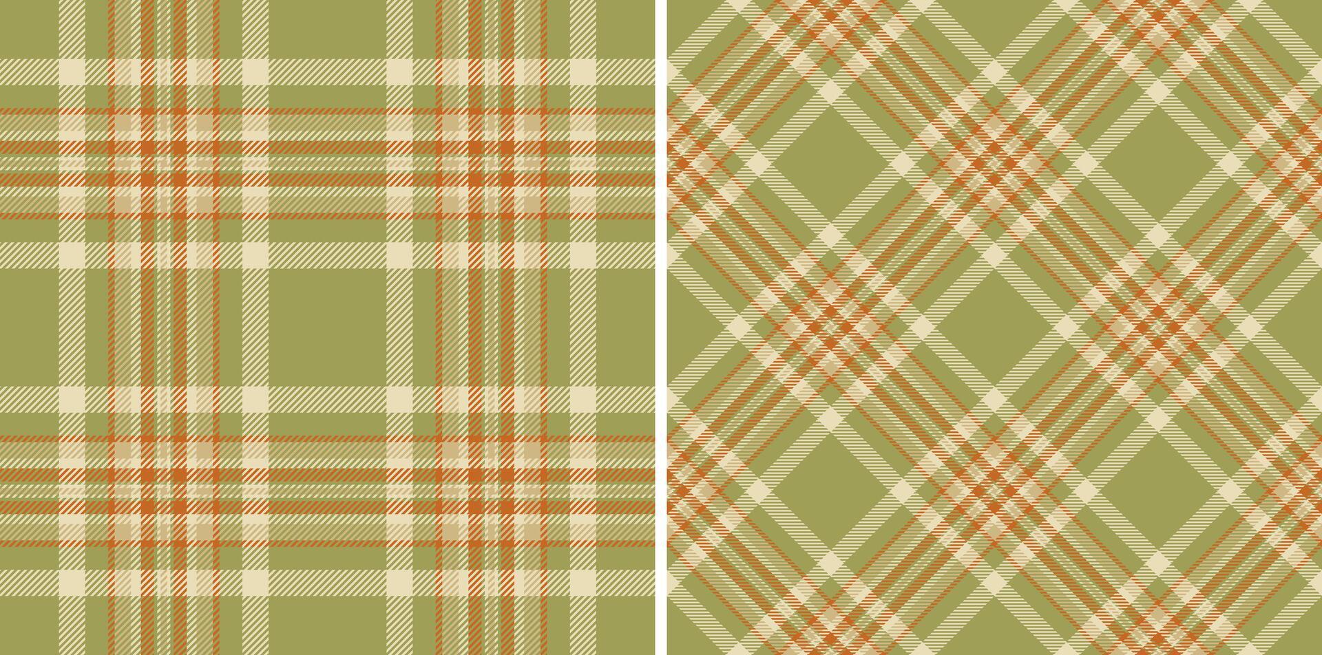 Two seamless plaid patterns in muted green, beige, and orange tones. Perfect for autumnal designs, textiles, and website backgrounds. Evokes feelings of warmth and rustic charm. vector