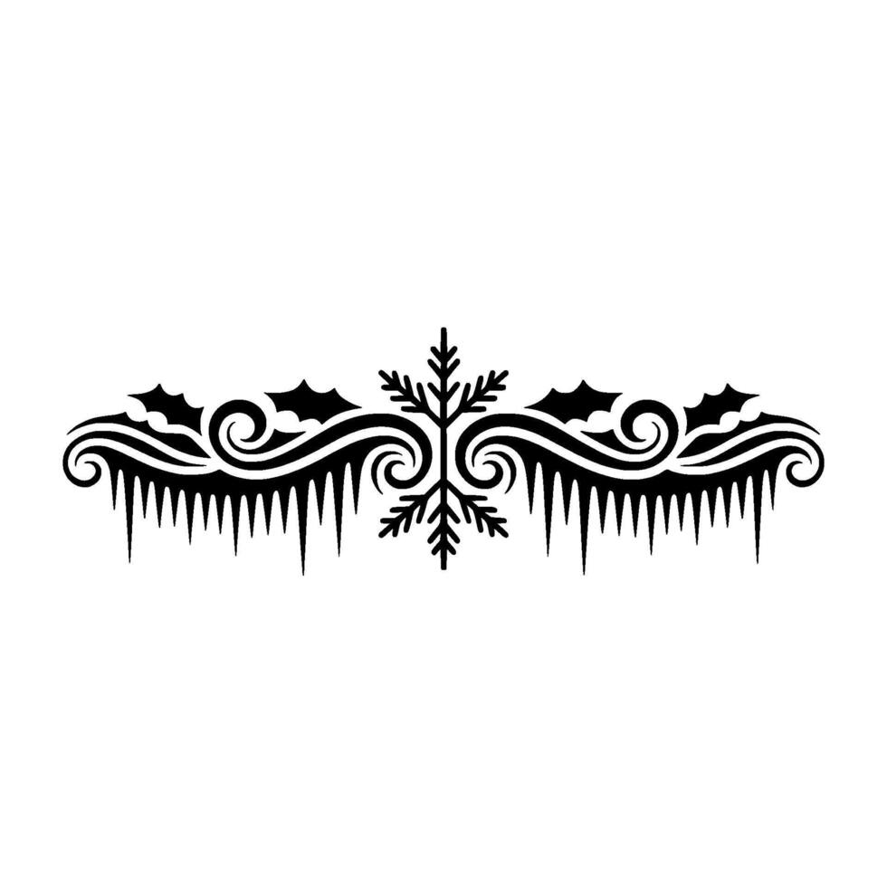 Winter Ornate Border with Snowflake, Holly, Icicles - Black White vector