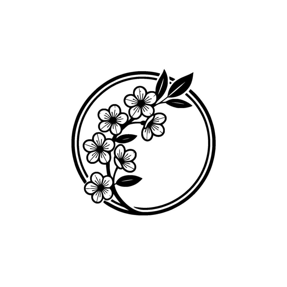 Minimalist Floral Circle Black Blossom Branch on White vector