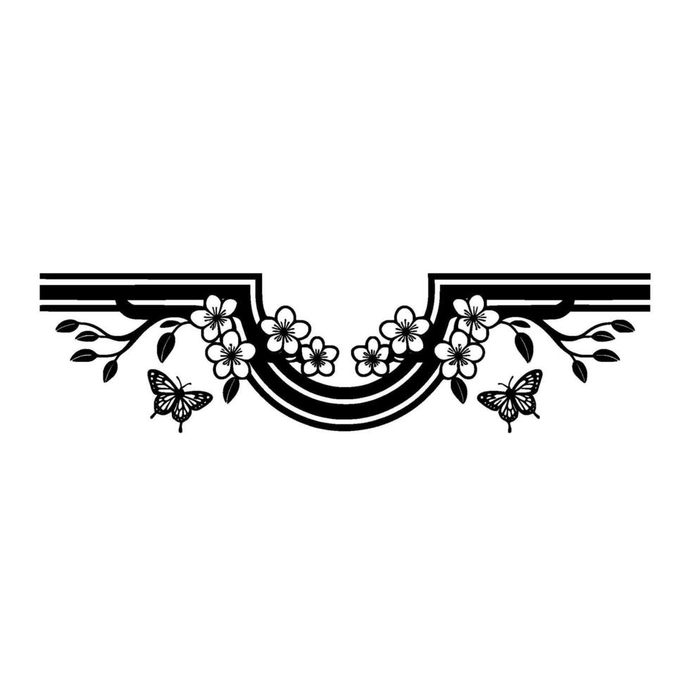 Elegant Black Floral Border with Butterflies, Isolated on White vector