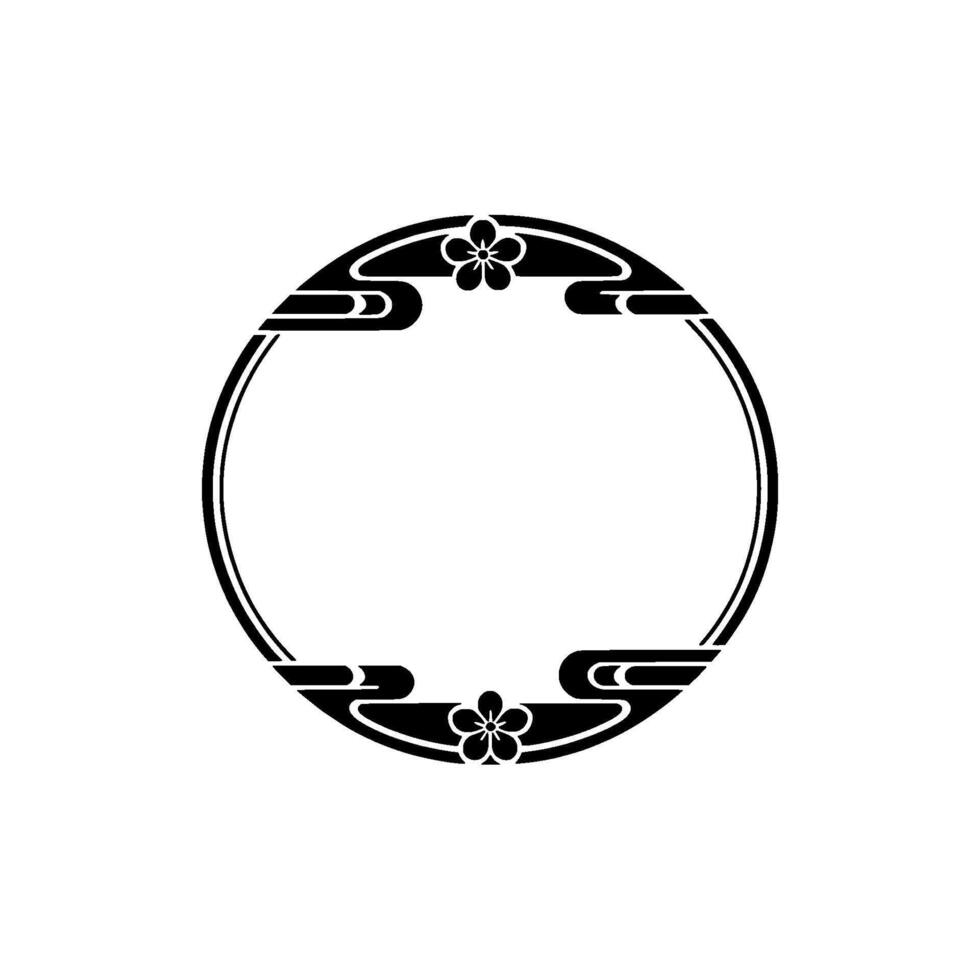 Elegant Japanese Floral Circle Frame, Black White vector
