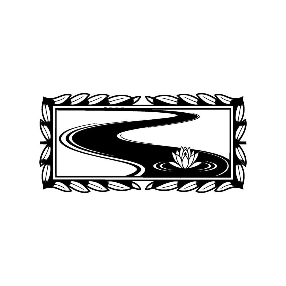 Elegant River Scene with Floral Frame Black and White Illustration vector