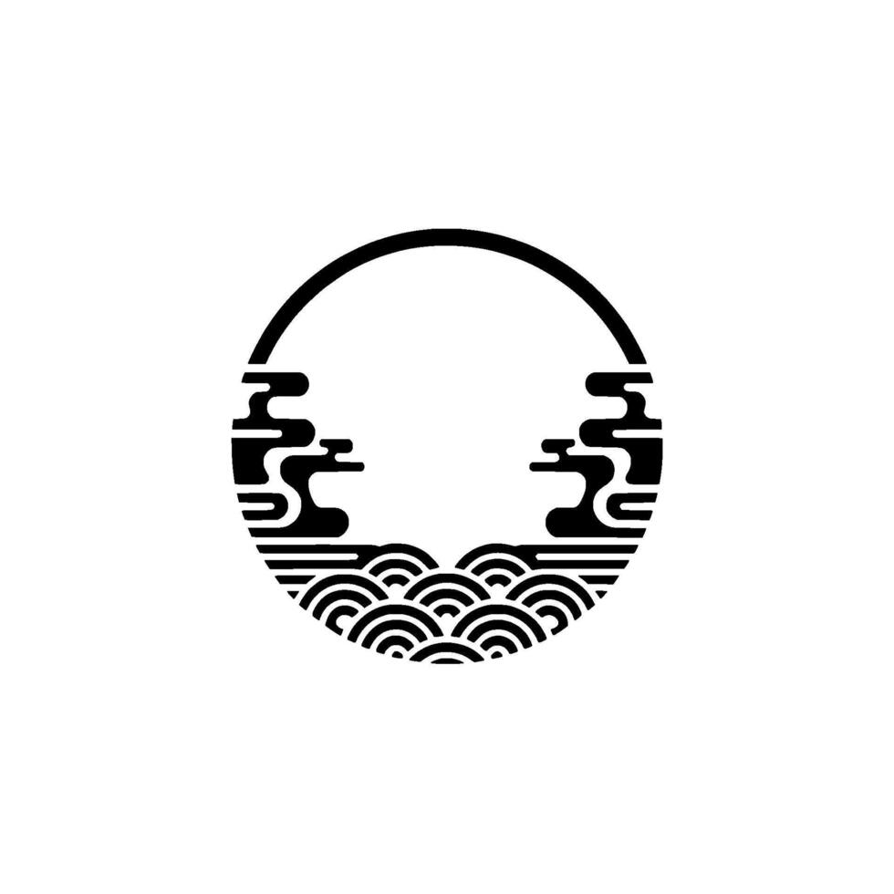 Minimalist Japanese-Inspired Circle with Clouds and Waves vector
