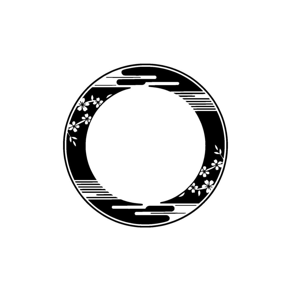 Minimalist Japanese Circle Frame Floral, Black White vector