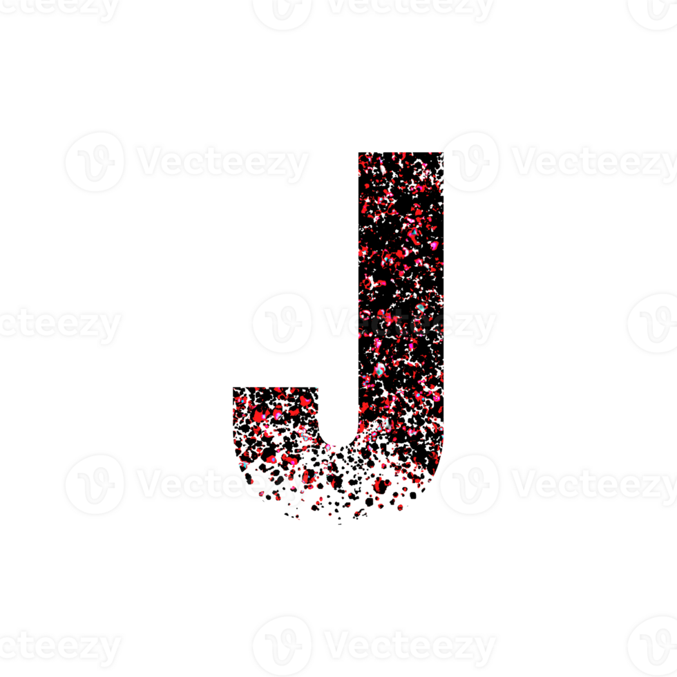 Abstract paint splatter texture fills uppercase letter J with dissolving effect png