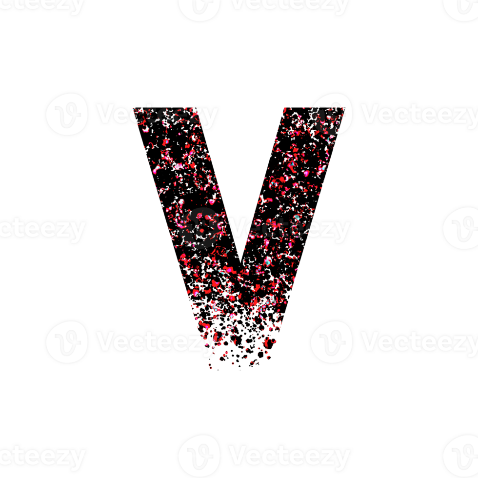 Colorful speckled letter V with dissolving effect png