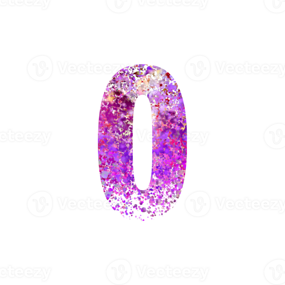 Number zero filled with colorful vibrant confetti dots png