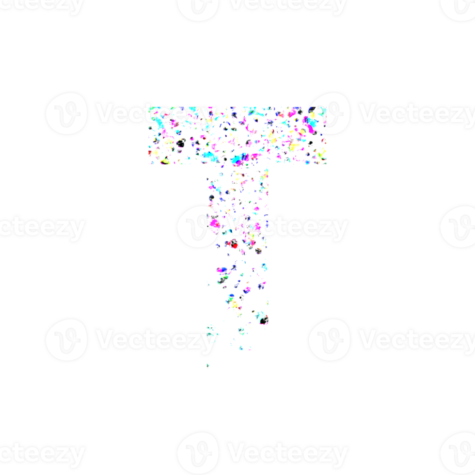 Colorful abstract letter T dissolving into particles png