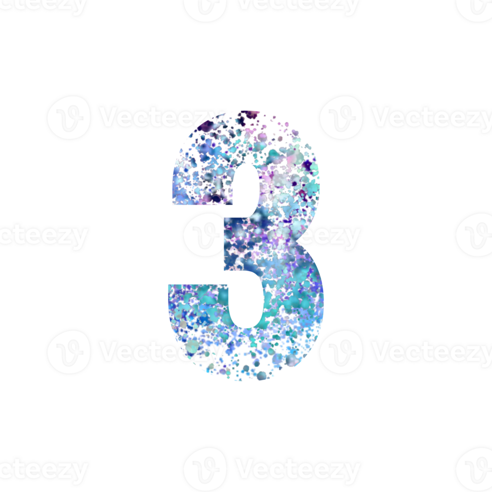 Abstract number three filled with colorful speckles png