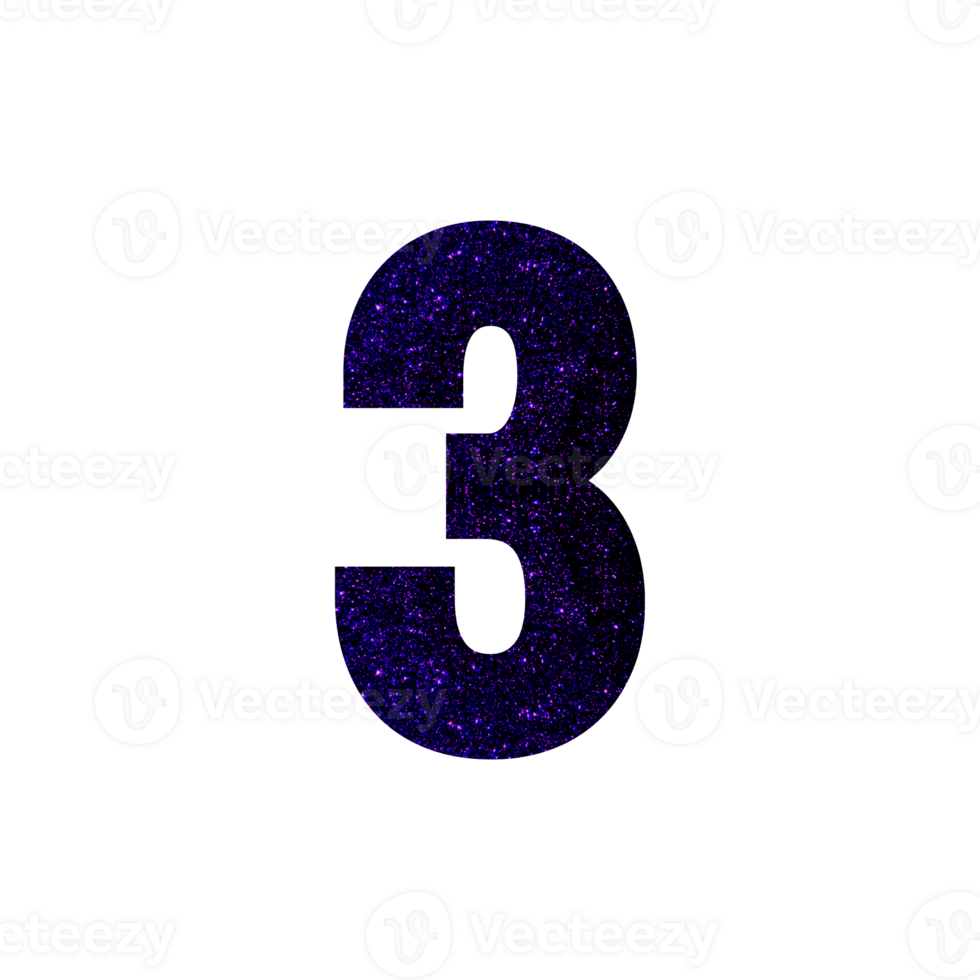 Shiny purple glitter number three on white png