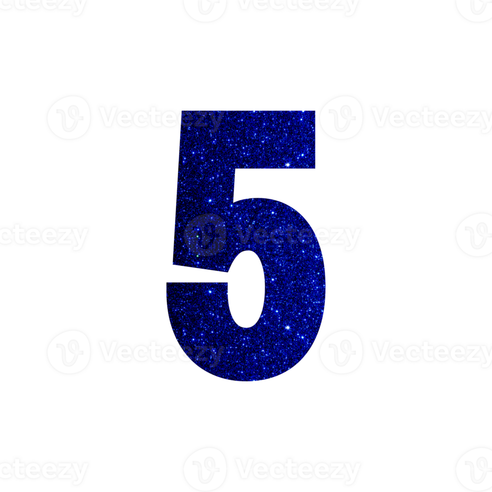 Number five with sparkling blue glitter texture png