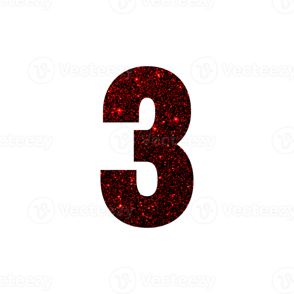 Number three symbol filled with red and black glitter texture png