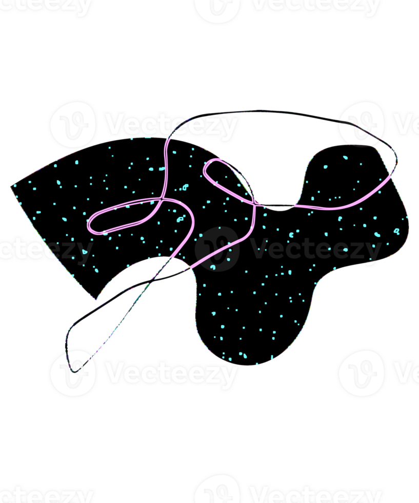 Creative abstract modern graphic with black shapes dotted with blue and a winding pink line png
