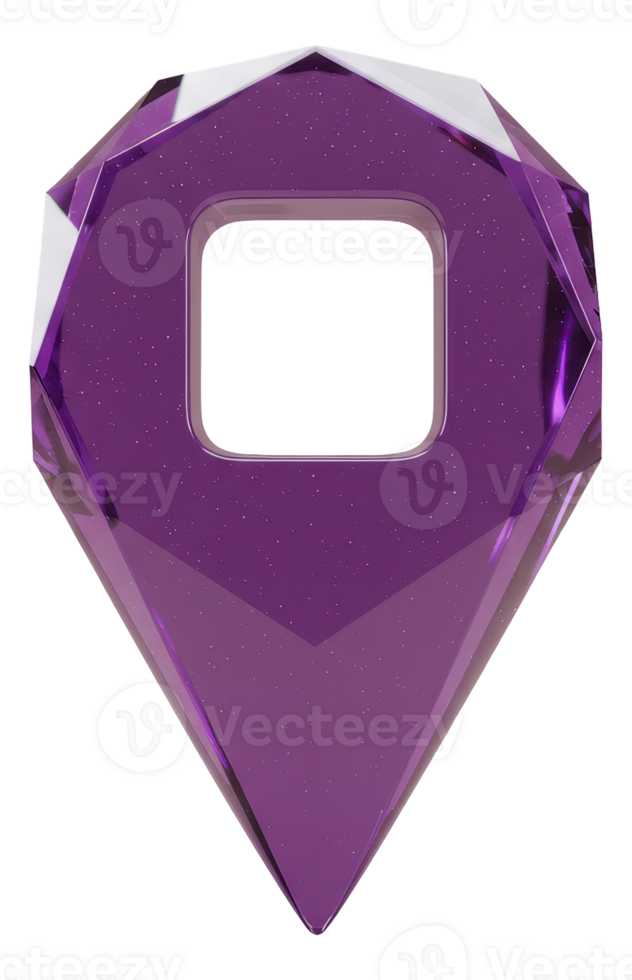 Elegant purple crystal location pin with faceted design and glitter effect png