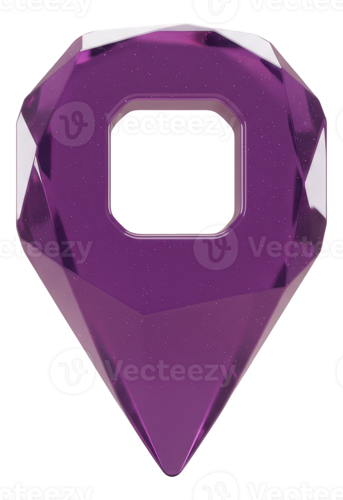 Sparkling violet gemstone map pin with modern geometric design and square hole png