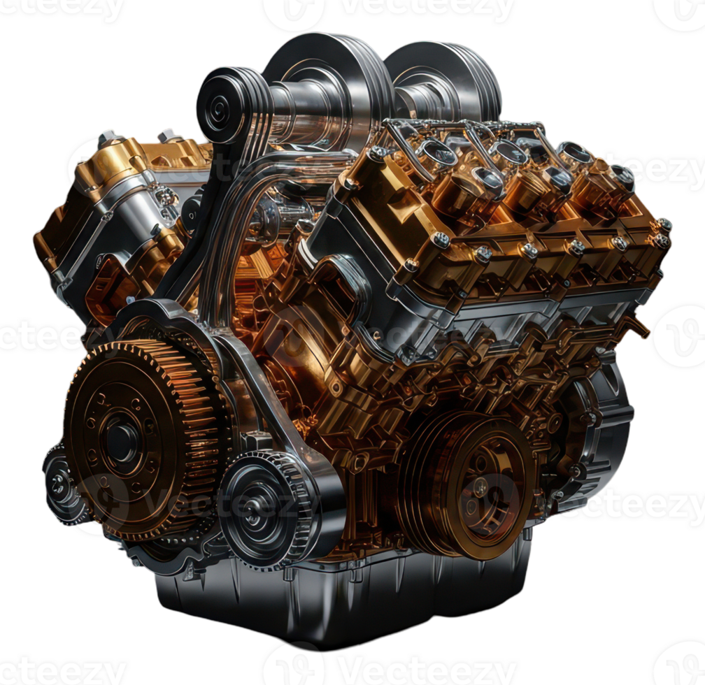 Detailed v8 engine with polished gold and chrome parts for automotive power png
