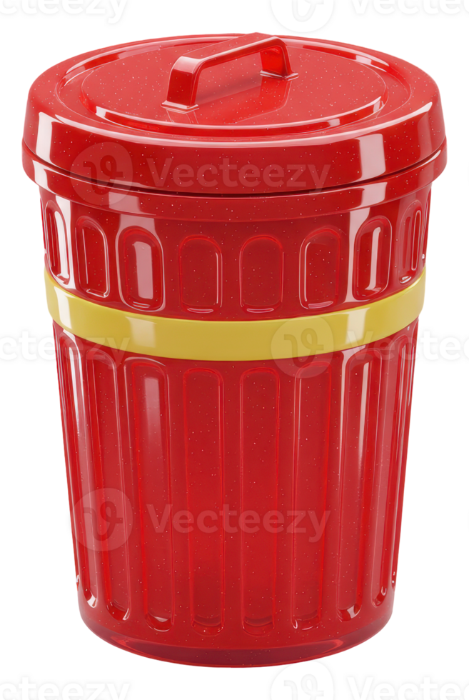 Vibrant red garbage can with handle lid and yellow stripe for waste management png