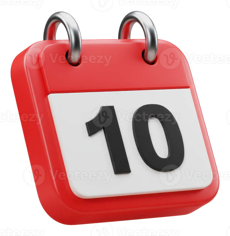 Red 3d calendar icon with number 10 for important date event or deadline reminder png