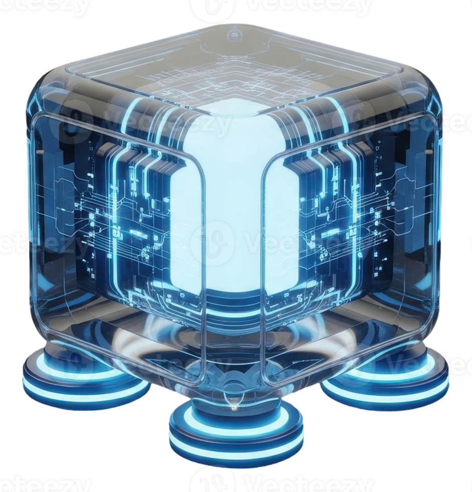 Futuristic blue glowing cube with digital circuits and abstract energy core png