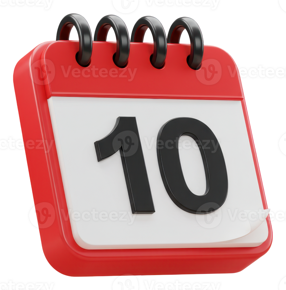3d red desk calendar with number 10 icon for important date or event reminder png