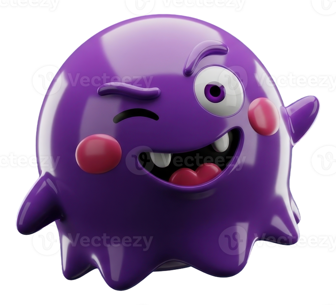 Cute winking purple 3d monster character with a playful expression and glossy finish png