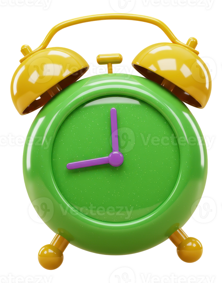Vibrant green and yellow alarm clock with purple hands, time management concept png