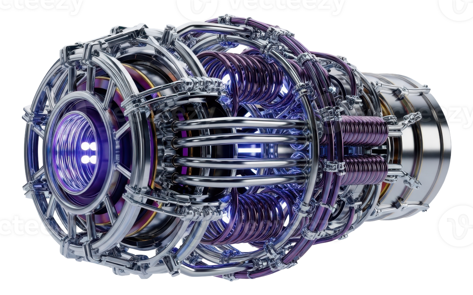 Futuristic energy core with glowing purple lights and intricate metallic structure png