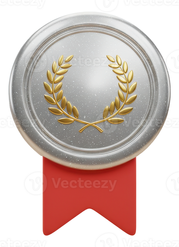 Premium silver medal with golden laurel wreath and red ribbon for success and victory png