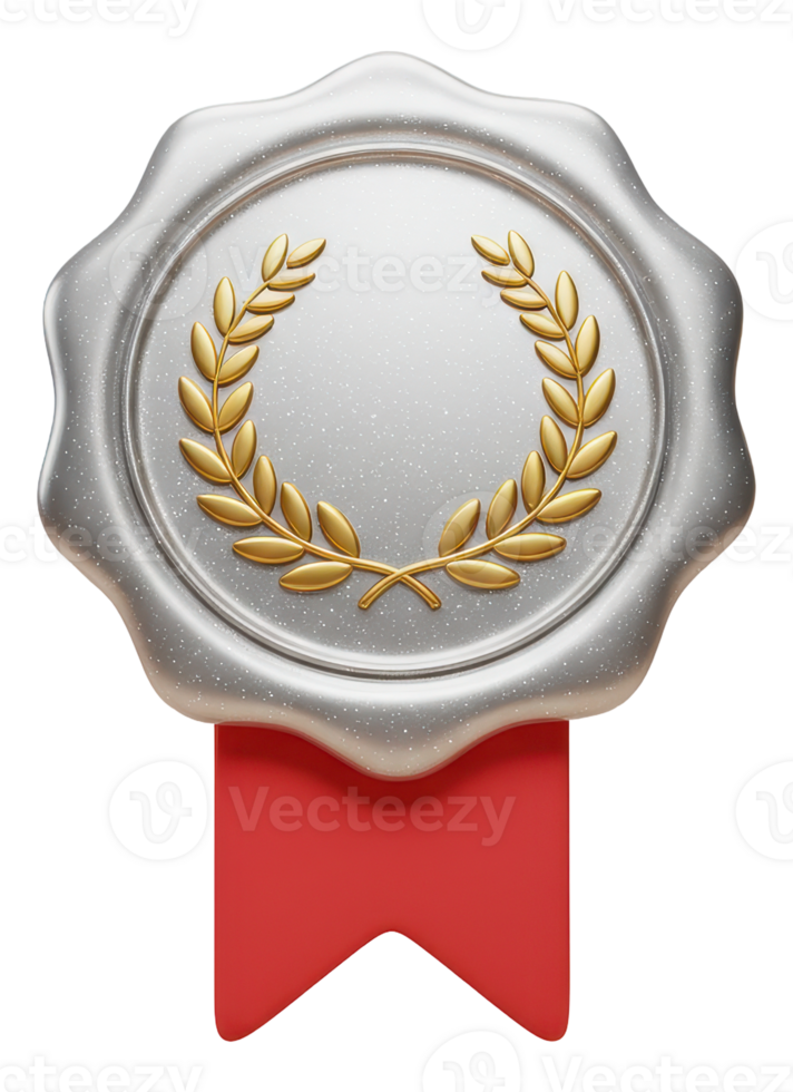Silver wax seal with golden laurel wreath and red ribbon award png