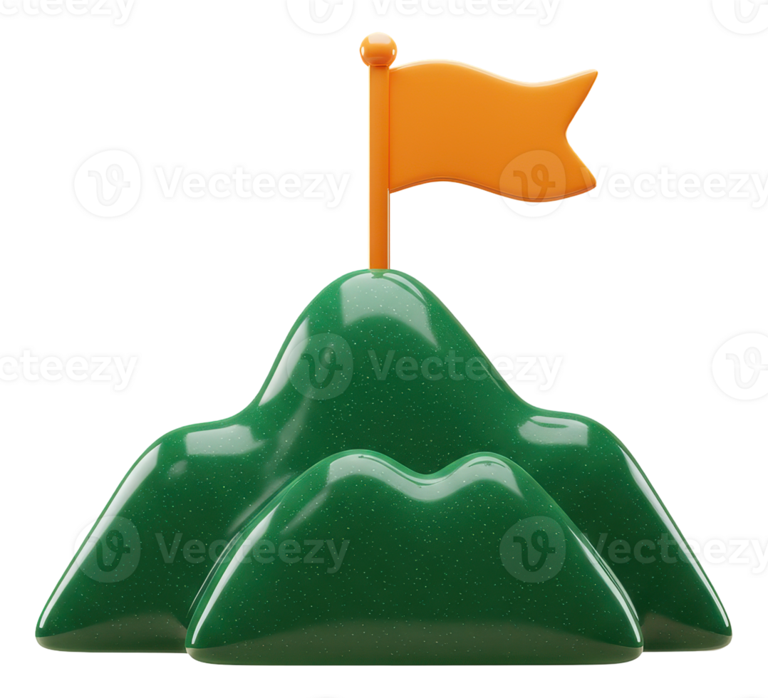 3d mountain peak with orange flag symbolizing goal achievement and success png