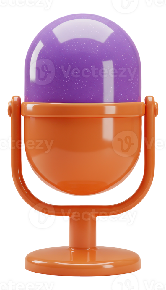 Vibrant 3d studio microphone with shiny purple top and orange stand png