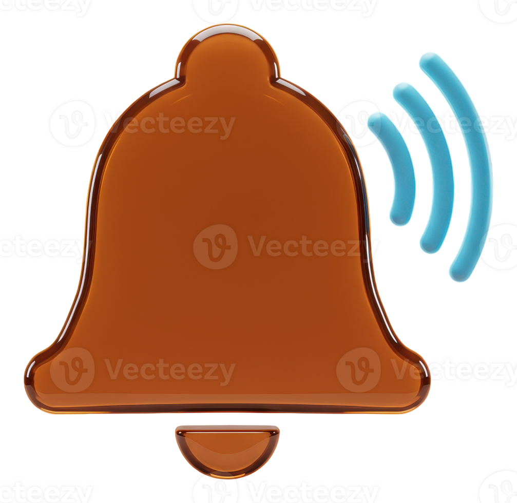 3d glossy brown bell icon ringing with blue sound waves notification symbol png