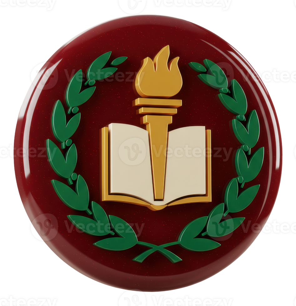 Academic emblem with golden torch, open book, and green laurel wreath symbol png