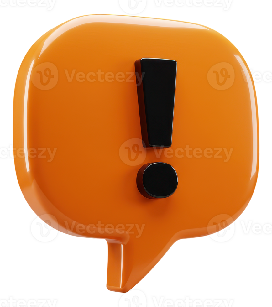Shiny orange exclamation mark in a 3d speech bubble for digital alerts and warnings png