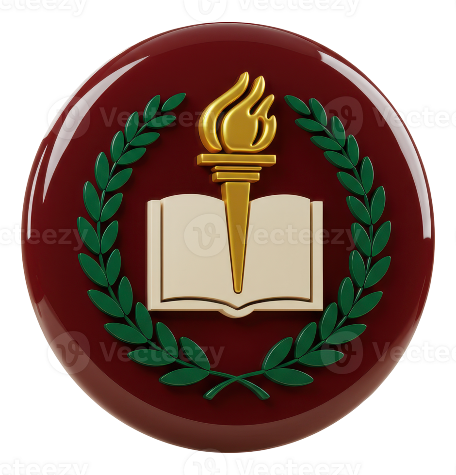 Academic 3d emblem with golden torch, open book, and laurel wreath symbol png