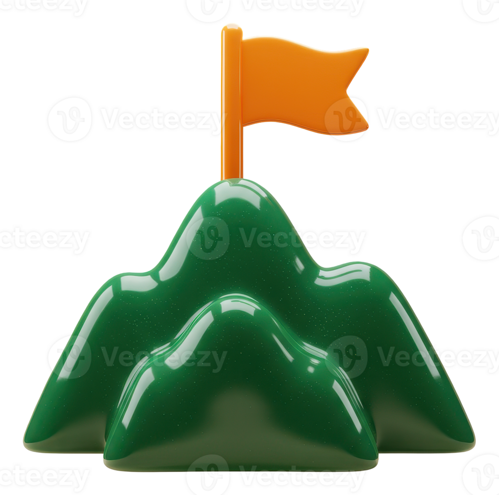 3d green mountain peaks with orange flag on summit representing achievement png