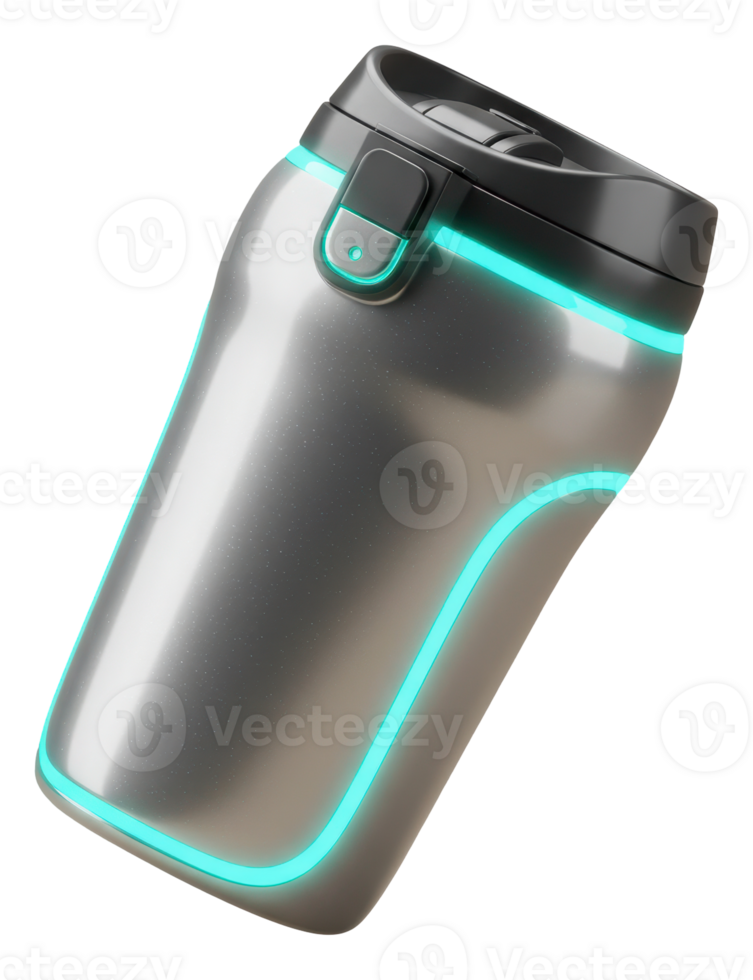 Futuristic metallic smart water bottle with glowing blue light accents png