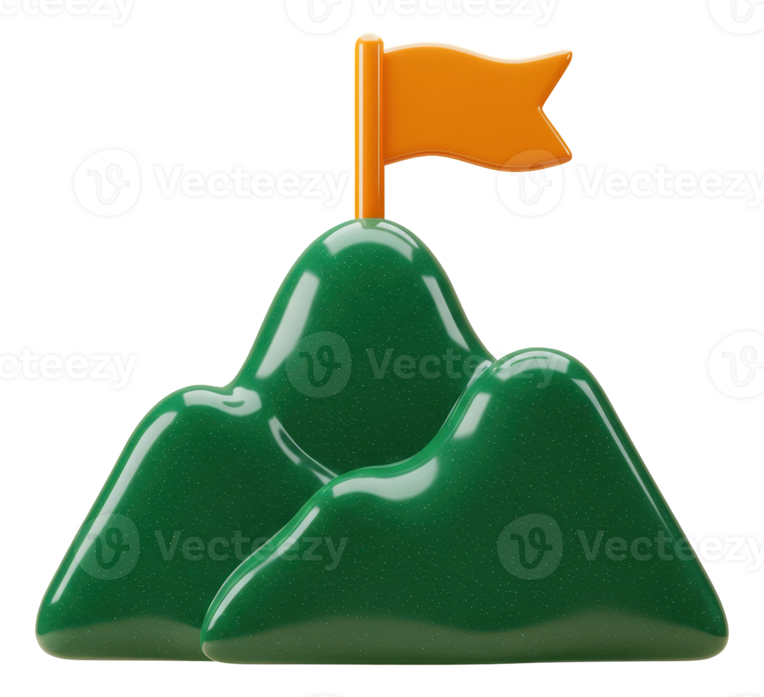 3d illustration of green mountains with an orange flag symbolizing achievement and success png