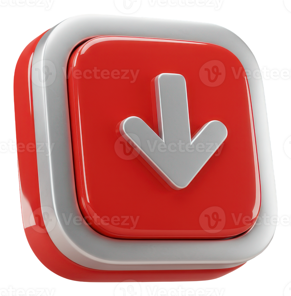 Glossy red download button with silver border and white down arrow symbol png